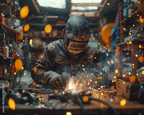 Man wearing protective equipment welding in a workshop.