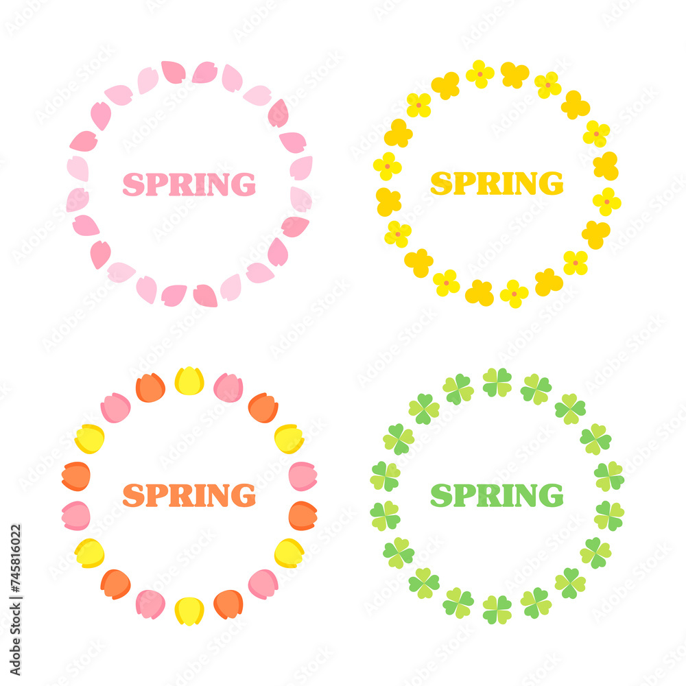 Spring season concept circular border frame illustration set. Flowers, cherry blossoms, butterflies, tulips, forsythia, rape flowers, clover, petals. Spring season concept circular border frame illustration set. Flowers, cherry blossoms, butterflies, tulips, forsythia, rape flowers, clover, petals.