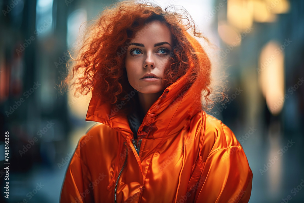 Portrait of a red-haired girl dressed fashionably in a bright orange jacket. Street style. Portrait of a red-haired girl dressed fashionably in a bright orange jacket. Street style.