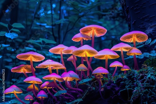 A cluster of mushrooms emits a soft glowing light in the darkness, creating a stunning and mysterious sight in the night forest. Generative AI