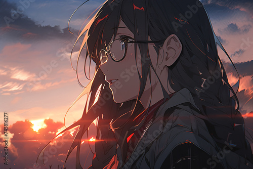 portrait profile pretty anime girl with black hair and glasses on sunset sky background photo