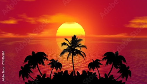 tropical sunset with trees Sunset on sea