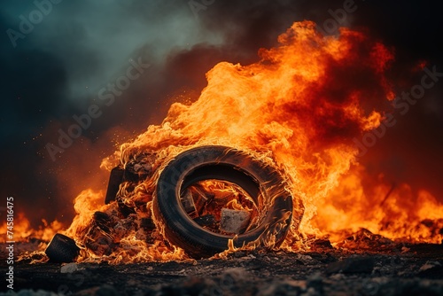 closeup burning old used tires with dark smoke in a landfill photo