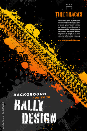 Scratchy grungy black background with tire track and copy space for your rally design - poster template
