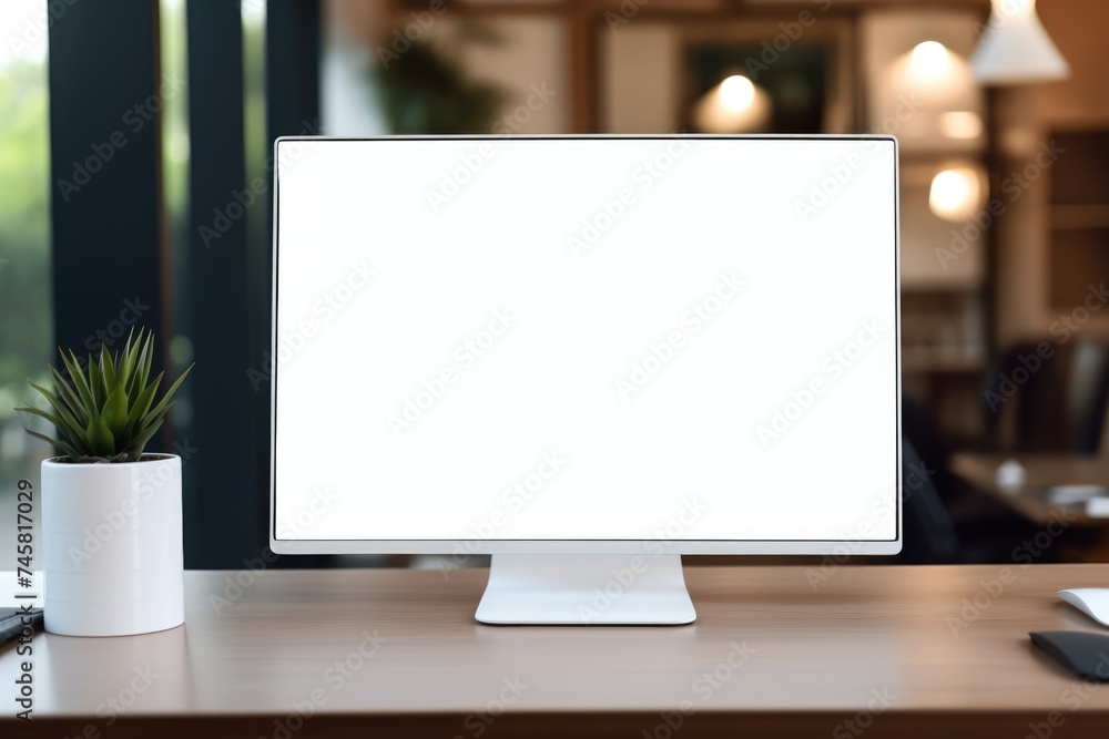A sleek computer monitor with a blank screen, sitting on a wooden desk next to a potted plant. Modern Workspace with Empty Computer Screen A sleek computer monitor with a blank screen, sitting on a wooden desk next to a potted plant. Modern Workspace with Empty Computer Screen
