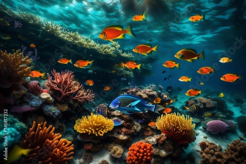 Underwater scene with colorful tropical fish and coral reef. Underwater world.