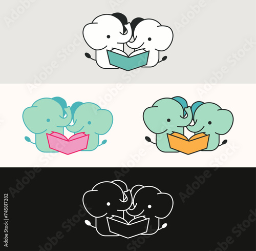 Two cute elephants reading a book, color and line version, cartoon style, logo