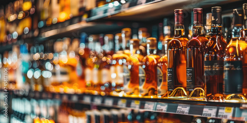 wine shelves on display at store Defocused rows of Wine Liquor bottles on the supermarket shelf