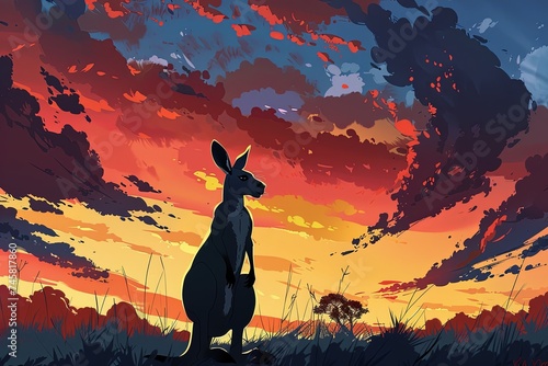 A kangaroo is depicted in a vibrant painting, standing in front of a colorful sunset. Generative AI