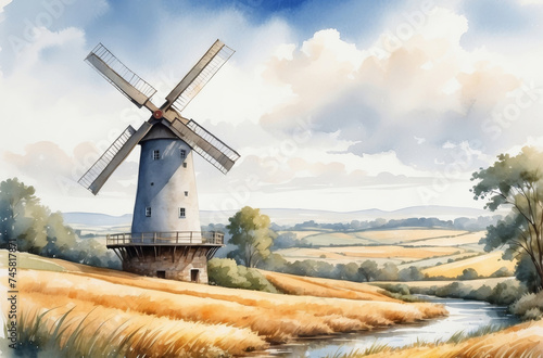 windmill and field watercolor background