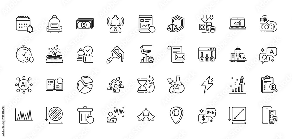 Hourglass timer, Backpack and Report line icons pack. For web app. Line icons. Vector Hourglass timer, Backpack and Report line icons pack. For web app. Line icons. Vector
