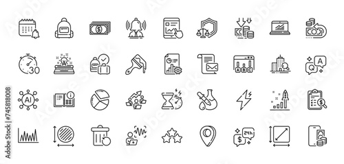 Hourglass timer, Backpack and Report line icons pack. For web app. Line icons. Vector