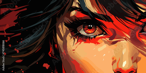 Anime face with red eyes from cartoon. Web banner for anime, manga vector flat bright colors