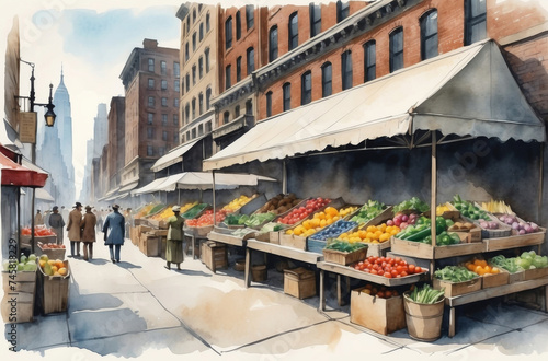 New York  city market in 1930s watercolor background © Magic Art