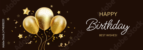 Vector holiday template design of flying balloon with star and text on black background. 3d realistic happy birthday illustration with bunch of golden transparent air helium balloon