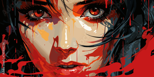 Anime face with red eyes from cartoon. Web banner for anime, manga vector flat bright colors