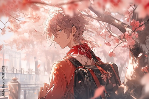 anime portrait in profile of a schoolboy in the park under cherry sakura blossoms