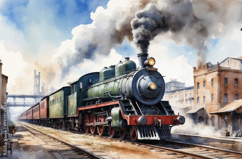 steam locomotive watercolor background