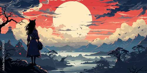 anime, japanese, high school, girl, dance, cat, harbor, background, blue sky, clouds, japan vector flat bright colors
