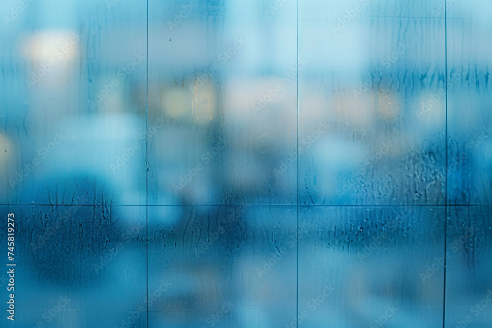 minimalist shot featuring the abstract patterns and reflections on the glass wall of a modern business office building, with a soft blue hue enveloping the scene and blurring the s