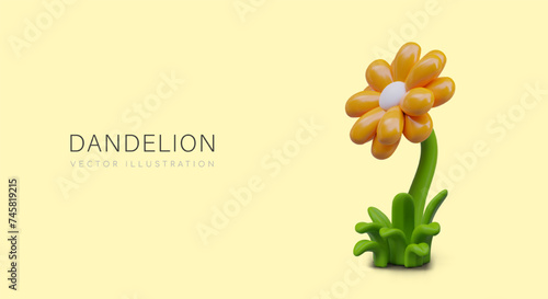 3D dandelion in plasticine style. Colored flower on yellow background