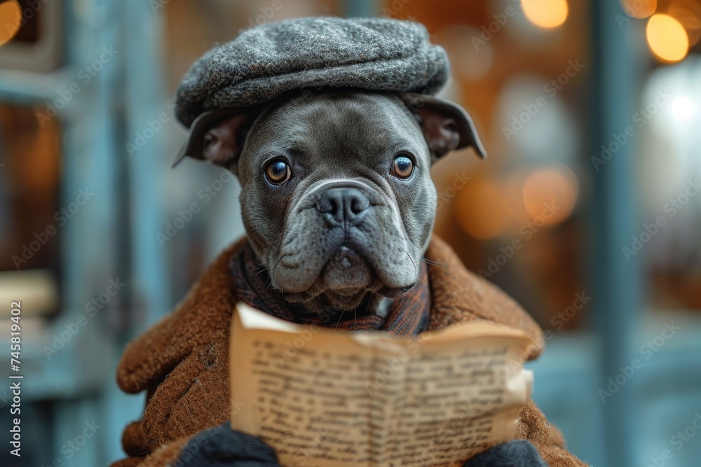 A dog in a hat and clothes reads a letter sitting in the interior