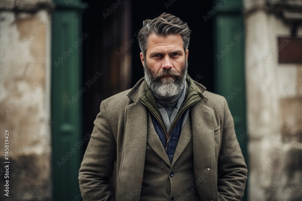 Portrait of a handsome bearded man with gray hair and beard in a green coat and jacket on a city street. Portrait of a handsome bearded man with gray hair and beard in a green coat and jacket on a city street.