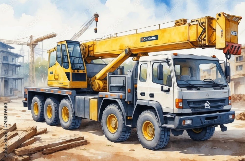 construction site with crane watercolor