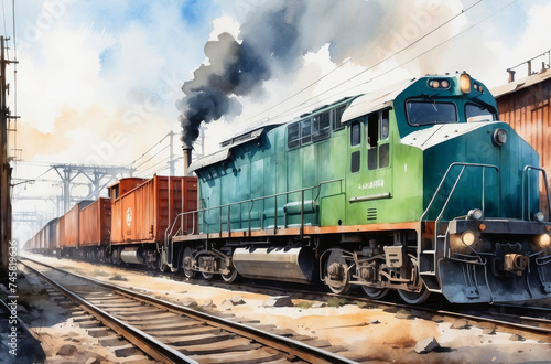 freight train in the factory district watercolor art