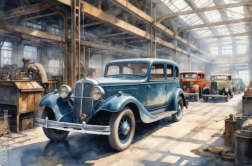 1930s old car factory watercolor background
