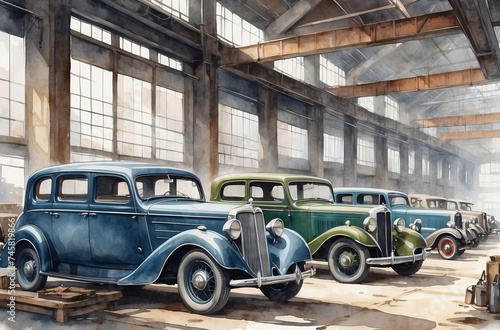1930s old car  factory watercolor background