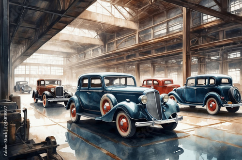 1930s old car factory watercolor background