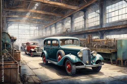 1930s old car  factory watercolor background © Magic Art