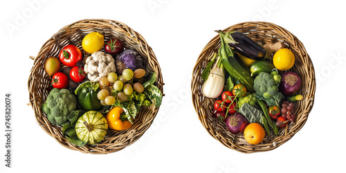 Fototapeta Naklejka Na Ścianę i Meble -   set of Assorted organic vegetables and fruits in wicker basket isolated on transparent background