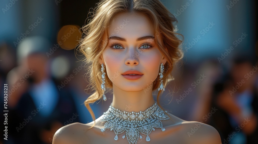 Red Carpet Debut. A Hollywood starlet graces the red carpet adorned in a breathtaking diamond ensemble, including a statement necklace, dazzling earrings, and an exquisite diamond-studded bracelet. - obrazy, fototapety, plakaty 