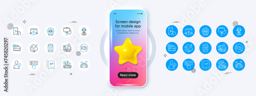 Teacher, Selfie stick and Pickup line icons. For web app, printing. Phone mockup with 3d star icon. Vector