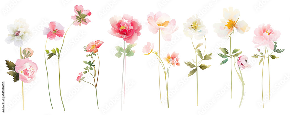 set of single stick flowers for wedding set isolated on transparent background