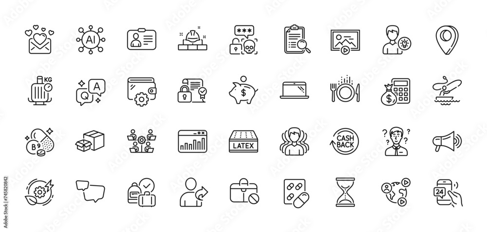 Love mail, 24h service and Capsule pill line icons pack. AI, Question and Answer, Map pin icons. Wallet, Boat fishing, Person idea web icon. Teamwork, Cashback, Food pictogram. Vector