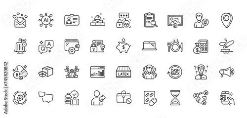 Love mail, 24h service and Capsule pill line icons pack. AI, Question and Answer, Map pin icons. Wallet, Boat fishing, Person idea web icon. Teamwork, Cashback, Food pictogram. Vector