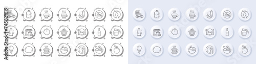 Refill water, Calories and Ice cream line icons. White pin 3d buttons, chat bubbles icons. Pack of Food delivery, Fruits, Dish icon. Macadamia nut, Wine, Coffeepot pictogram. Vector