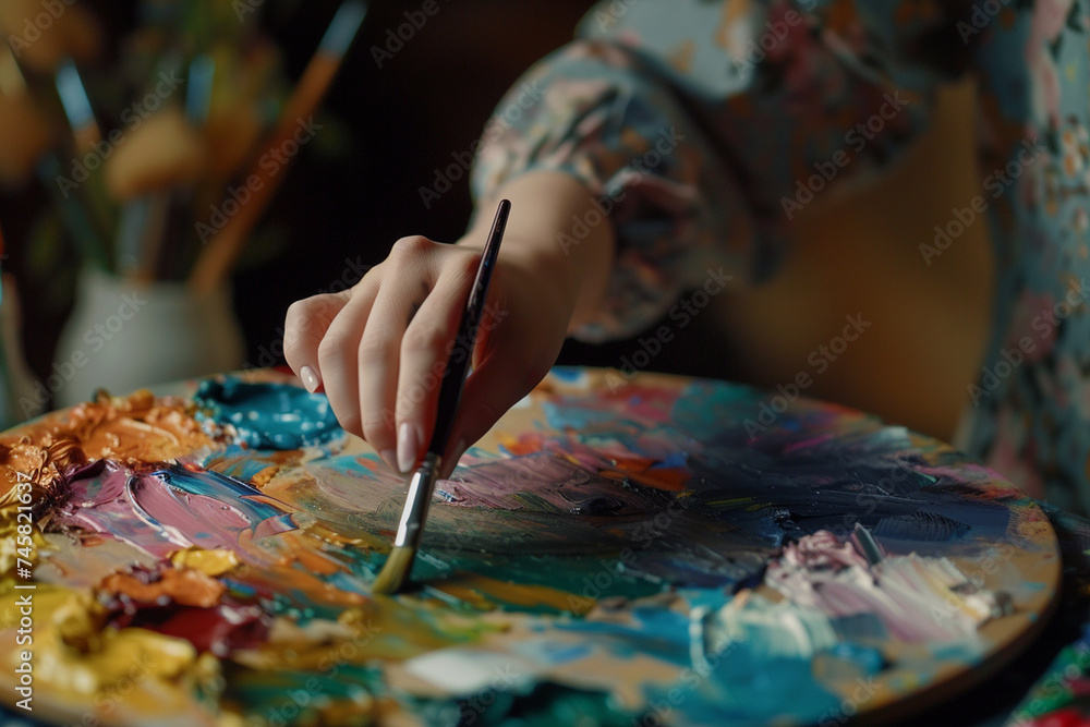 Close-up of the female painter's hands mixing vibrant colors on a palette, with soft focus on the paintbrushes in the foreground, Japanese minimalistic style, portra 400 film style Close-up of the female painter's hands mixing vibrant colors on a palette, with soft focus on the paintbrushes in the foreground, Japanese minimalistic style, portra 400 film style