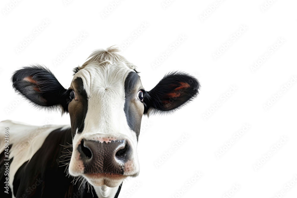 Close-up of a white and black head of a cow, dairy cow isolated on a transparent background.