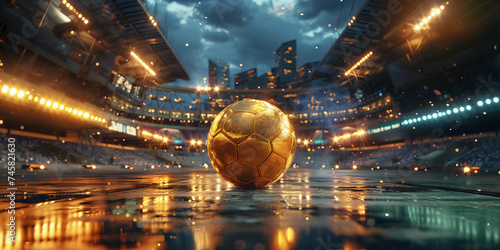golden soccer ball in a large soccer stadium. Gold ball soccer award.
