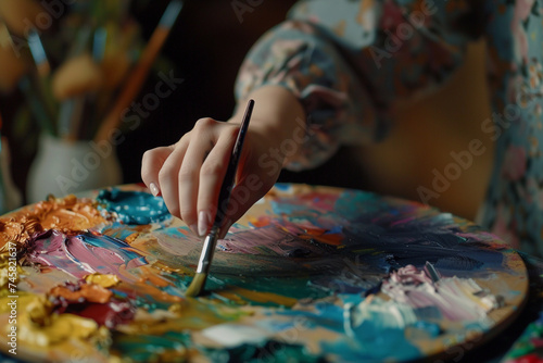 Close-up of the female painter's hands mixing vibrant colors on a palette, with soft focus on the paintbrushes in the foreground, Japanese minimalistic style, portra 400 film style