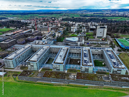 Aerial view from Hönggerberg with Federal Institute of Technology ETHZ at Swiss City of Zürich on a cloudy winter afternoon. Photo taken February 24th, 2024, Zurich, Switzerland. photo