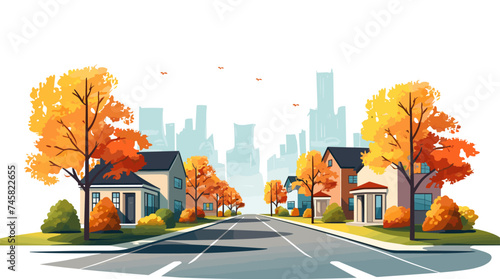 autumn street suburb district houses vector simple isolated illustration