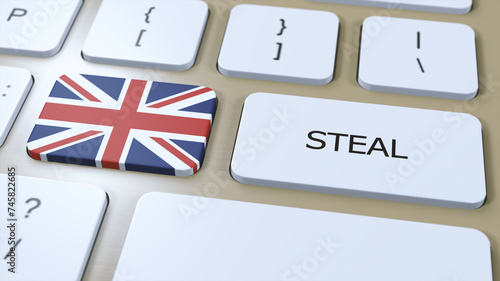 UK United Kingdom National Flag and Text Steal on Button 3D Illustration