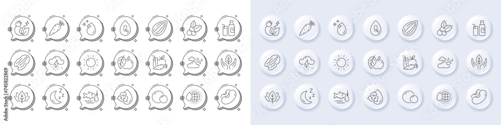 Recycle water, Juice and Moon line icons. White pin 3d buttons, chat bubbles icons. Pack of Almond nut, Green energy, Apple icon. Christmas holly, Peas, World water pictogram. Vector
