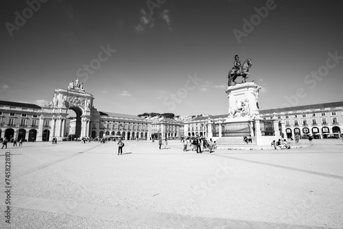 black and white picture of main square placa do comercio in Lisbon