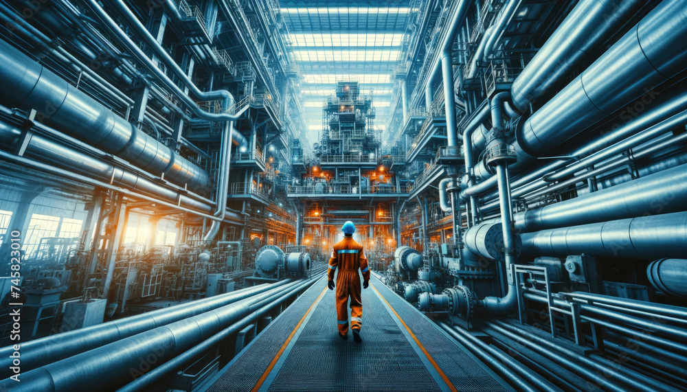 Obraz premium Worker in Protective Gear Walking in Industrial Plant